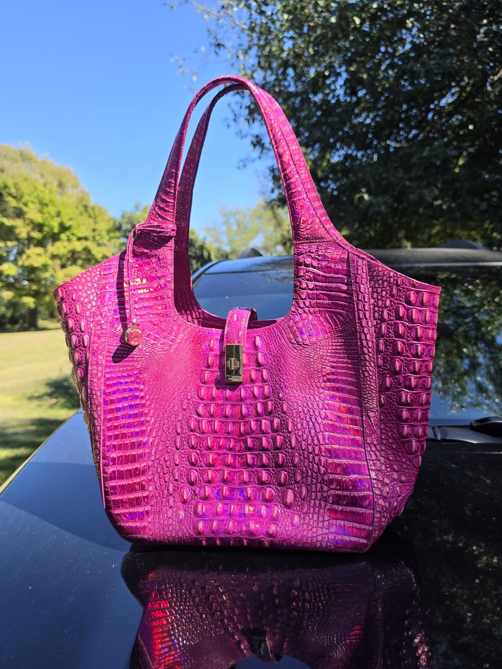 Brahmin Pink Potion Croc-Embossed Melbourne Tote Bag - In Style Carla